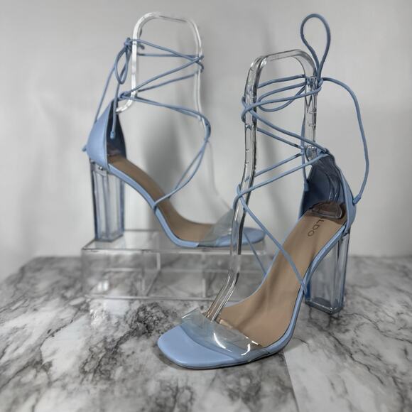 Aldo Onardonia Ankle Wrap Heels Blue Square Toe Clear Heel Glass Slipper Size 10 - Picture 2 of 13
